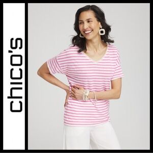 NWT Chico's Pink Striped Sweater Trim Linen Tee
